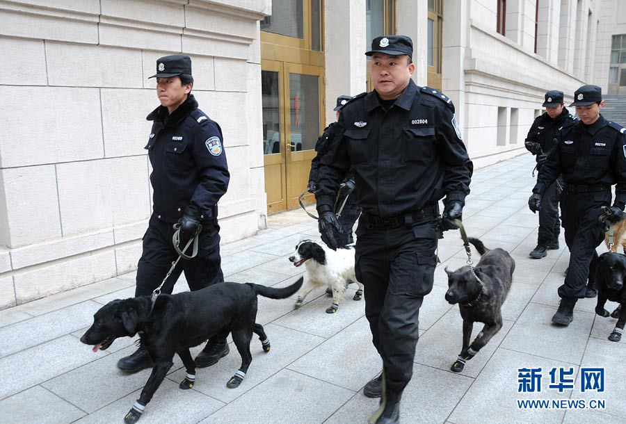 警犬“助陣”兩會安保工作:大會堂內細致檢查