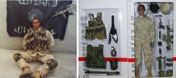 This combination photograph shows an image (L), which was posted on an Iraqi militant web site on February 1, 2005, appearing to show a U.S. soldier sitting in front of a black banner with a rifle pointed at his head; and an undated photograph (R) provided by figurine and toy distributor Monkey Depot.com, showing toy manufacturer Dragon Models USA's action figure 'Cody' in a box. Dragon Models USA said on February 1, 2005 that the photograph posted on the web site claiming to be a captured U.S. soldier resembled the toy action figure. Reports of a possible hoax surfaced after the group claimed that it was holding the soldier and threatened to kill him within 72 hours if Iraqi prisoners were not released, according to the Internet statement.