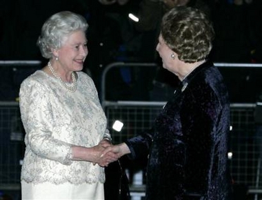 Britain's Queen Elizabeth II, left, shakes hands with former British Prime Minister Margaret Thatcher, after arriving for the former British Prime Minister's 80th birthday party in central London, Thursday, Oct.13, 2005 (AP