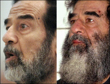 Former Iraqi
president Saddam Hussein, pictured at his trial this month (L) and shortly after his capture, has for the first time recounted the moment of his capture two years ago in an 'interview' conducted via his lawyer, British newspaper The Sun said(AFP/File)