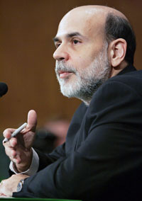 Federal Reserve Chairman Ben Bernanke testifies to the Senate Banking Committee on Capitol Hill in Washington February 16, 2006. Bernanke repeated an upbeat assessment of the U.S. economy's health and warned again about inflation risks in a second day of testimony on Capitol Hill.